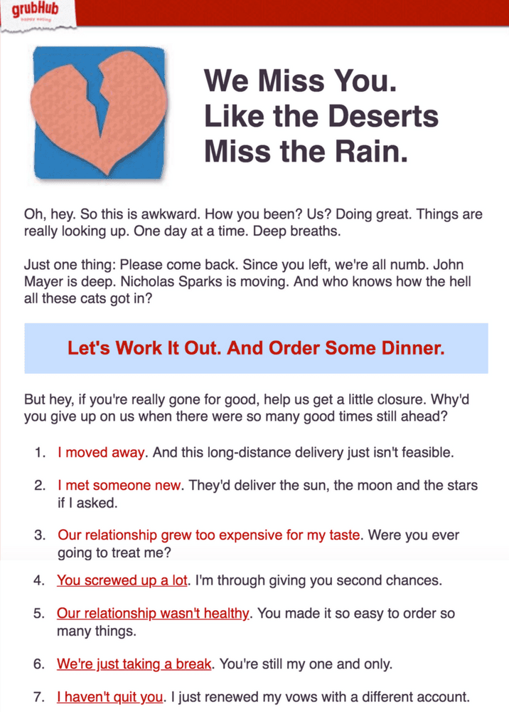 A email from Grubhub that asks customers for their feedback