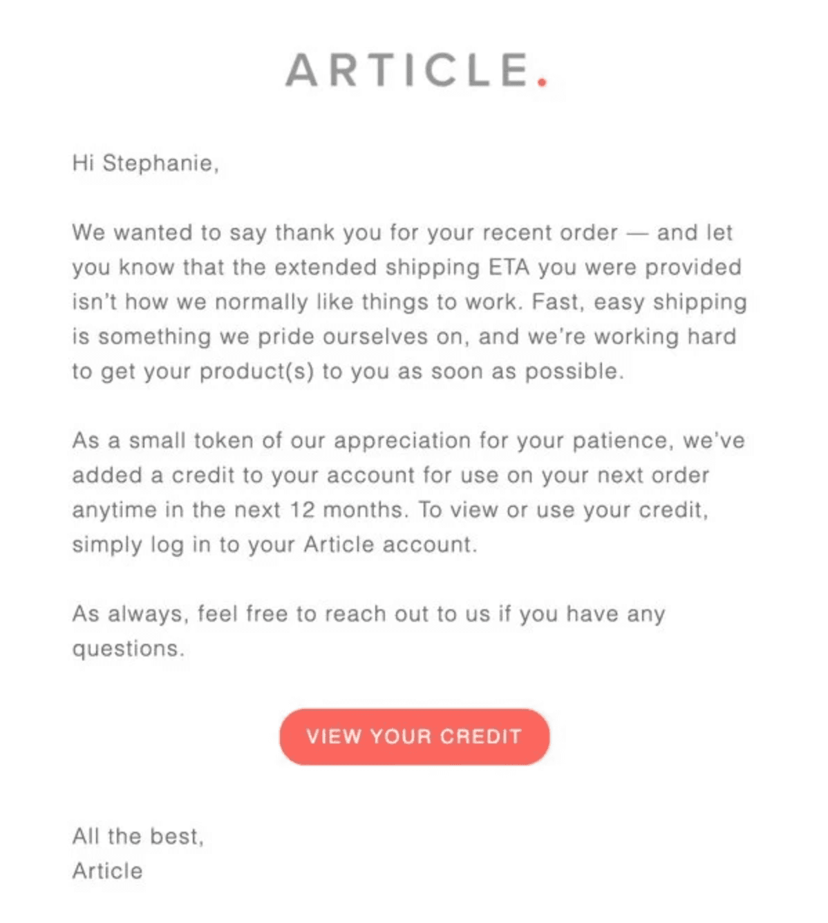 Email apologizing for a shipping delay from Article