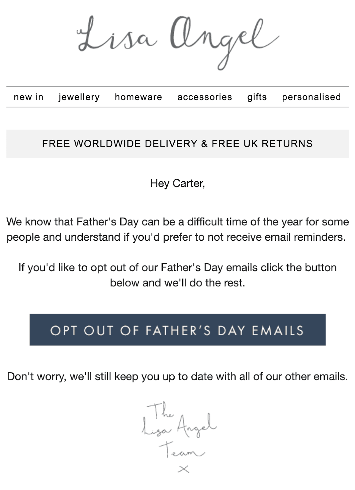 Email acknowledging that Father’s Day can be difficult for some and inviting them to opt out