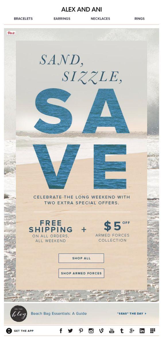 Memorial Day email example from Alex and Ani offering free shipping