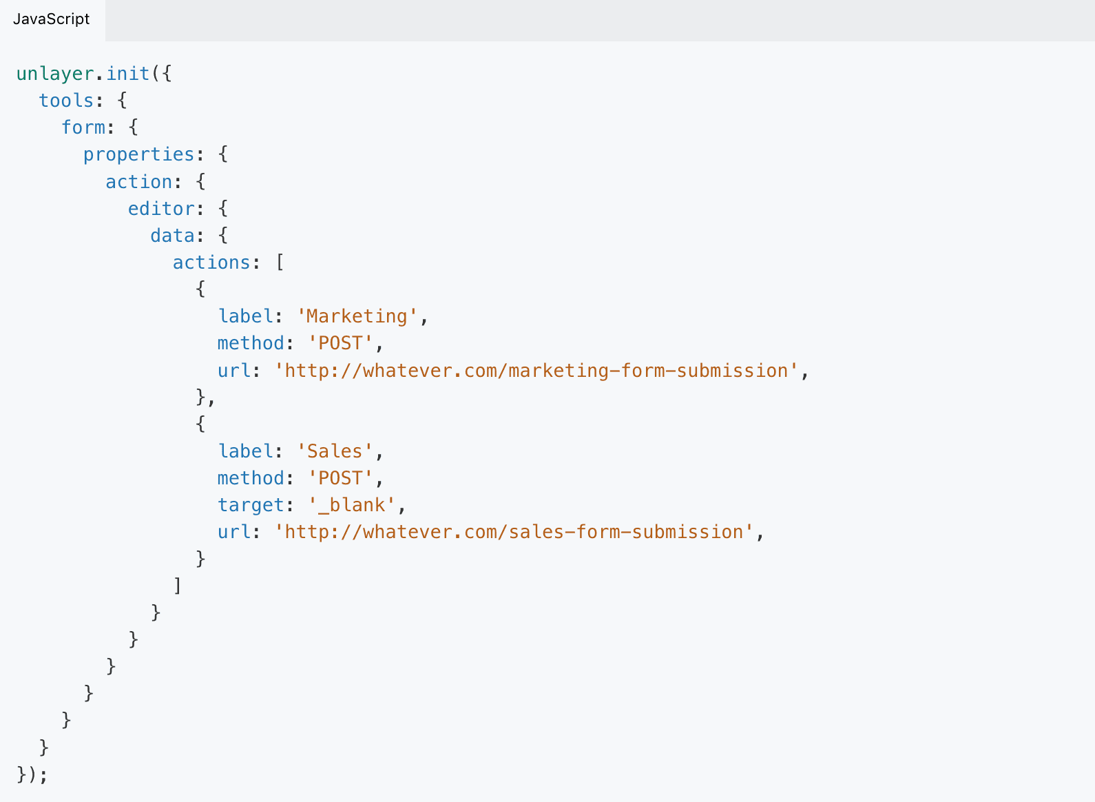 JavaScript code for landing page form submit actions.