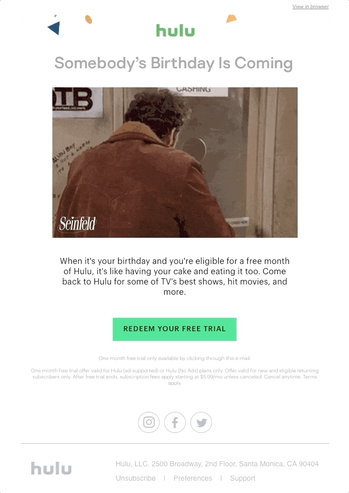 Birthday email example from Hulu