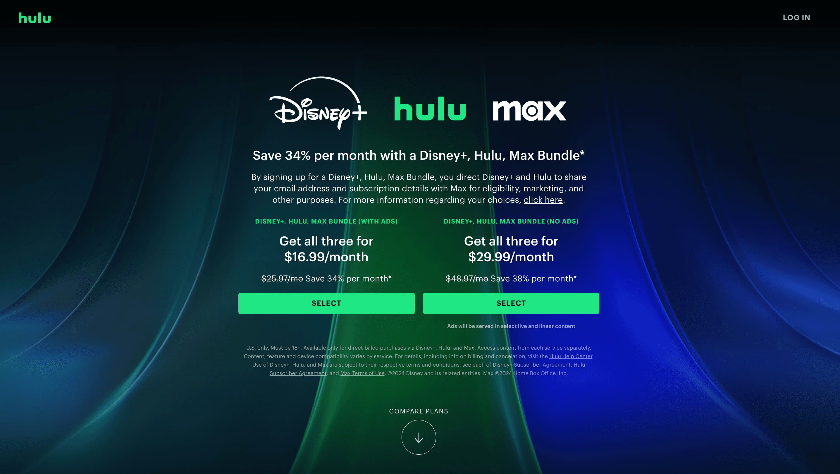 Landing page form with incentive example from Hulu.