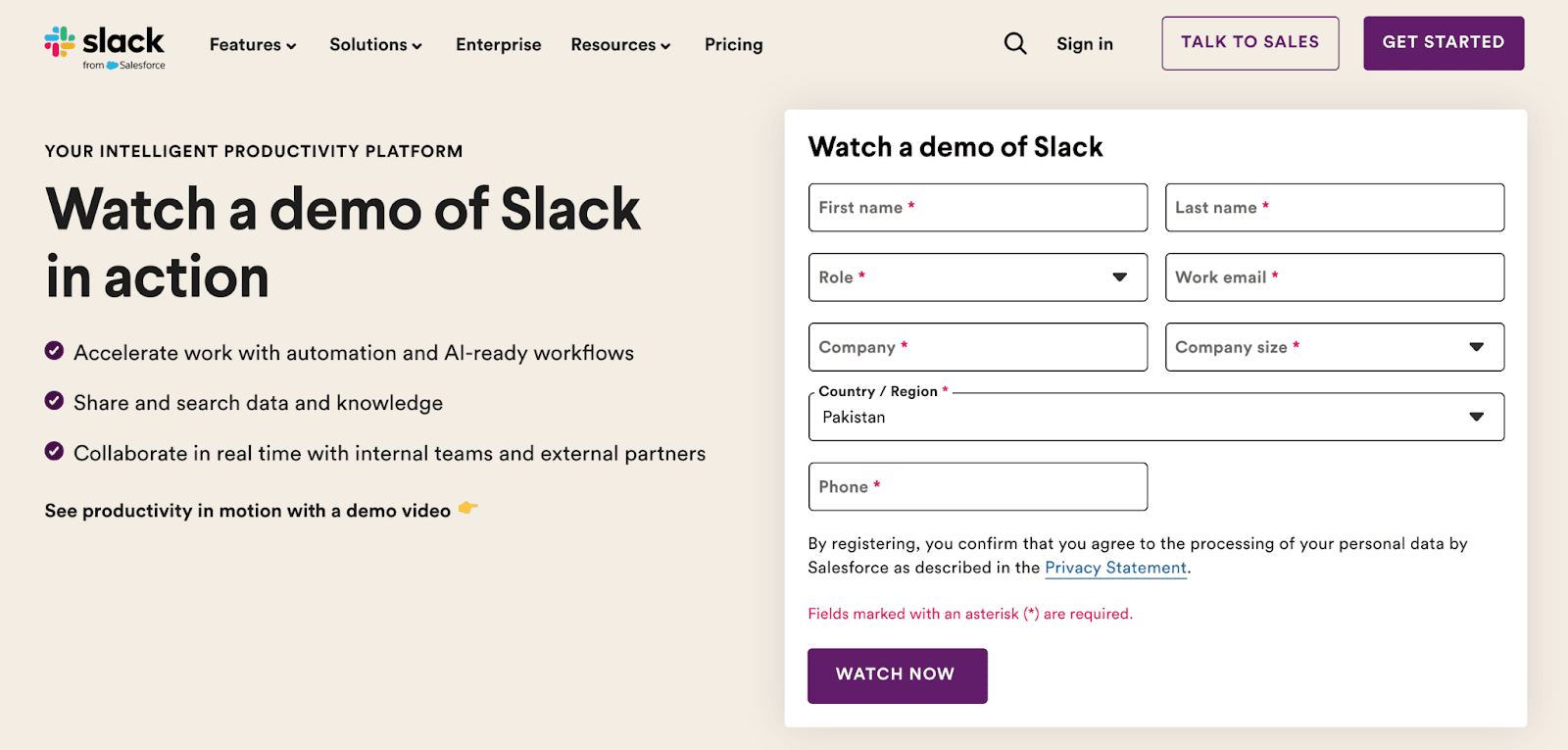 Lead generation landing page example from Slack. 