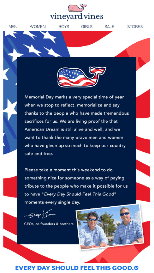 Heartwarming Memorial Day email example from Vineyard Vines