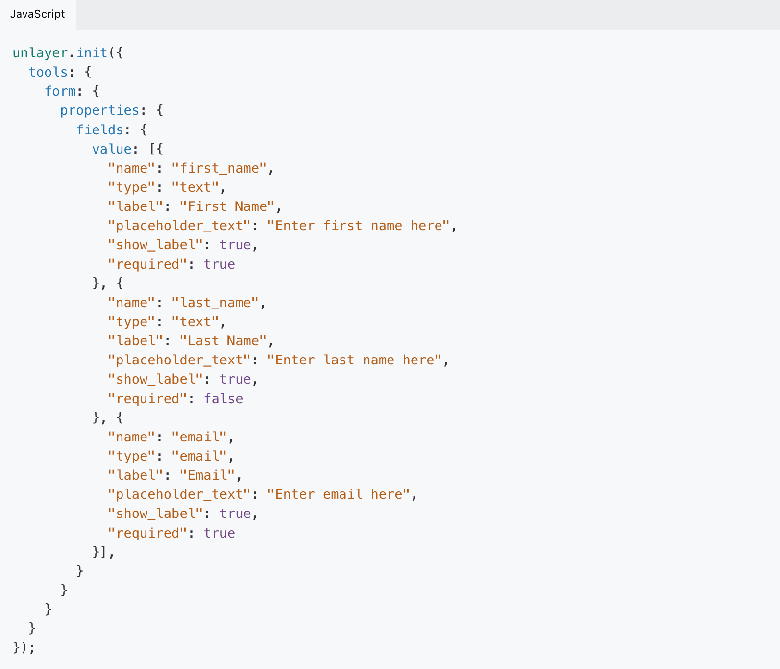 JavaScript code for adding custom fields.