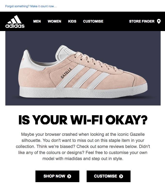 Email example to bring customer attention back to abandoned cart by Adidas. 