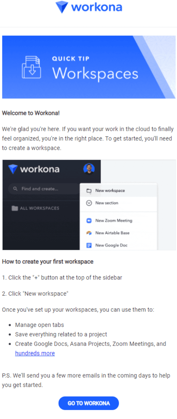 Welcome email example from Workona.